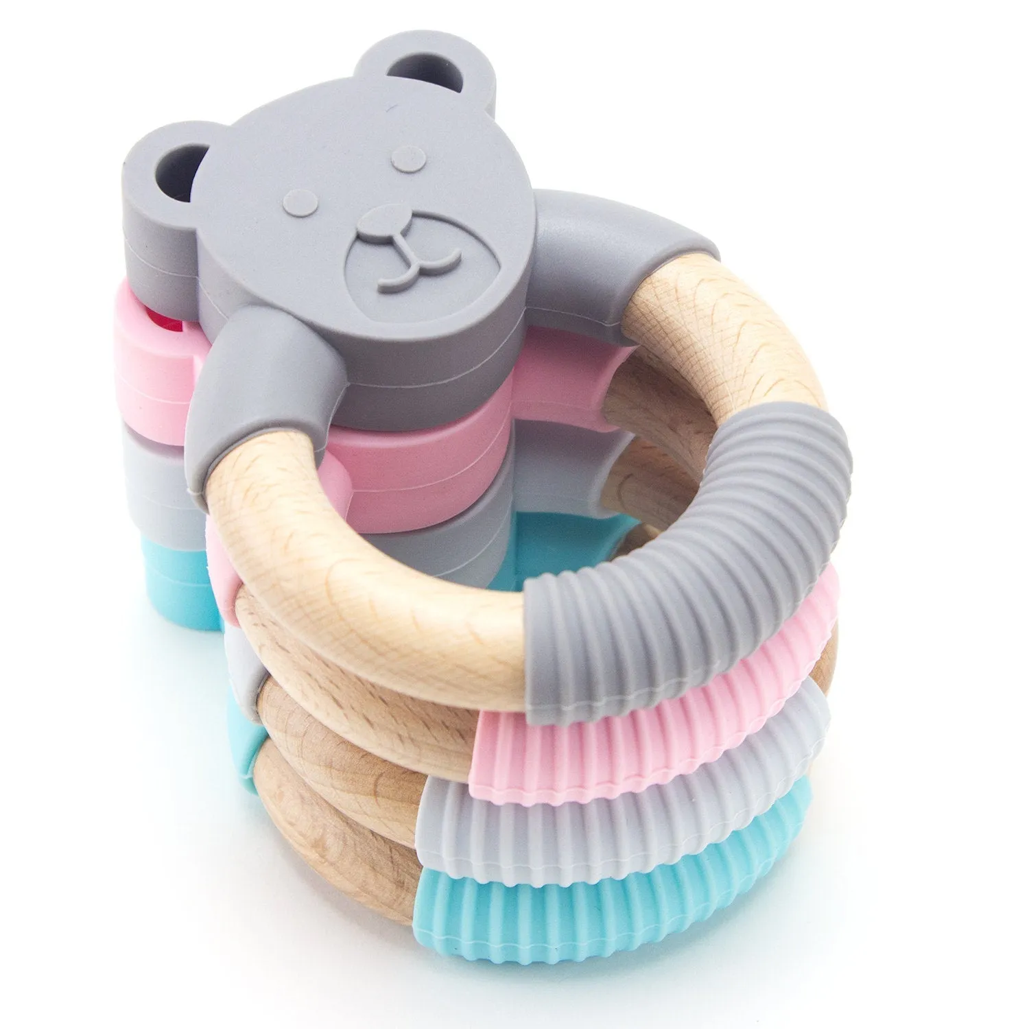 Bear Baby Teether Organic Food Grade Natural Beech Wood & Silicone Infant Toddler Chew Toy Ring Baby Shower Gift New Mom Gift