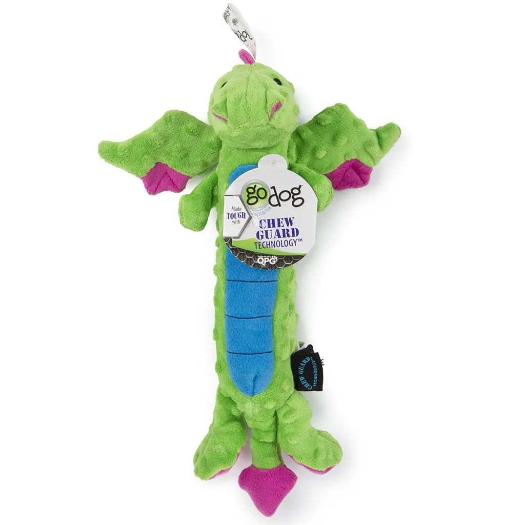 GoDog Dragons Skinny Chew Guard Squeaky Plush Dog Toy, Green, Large