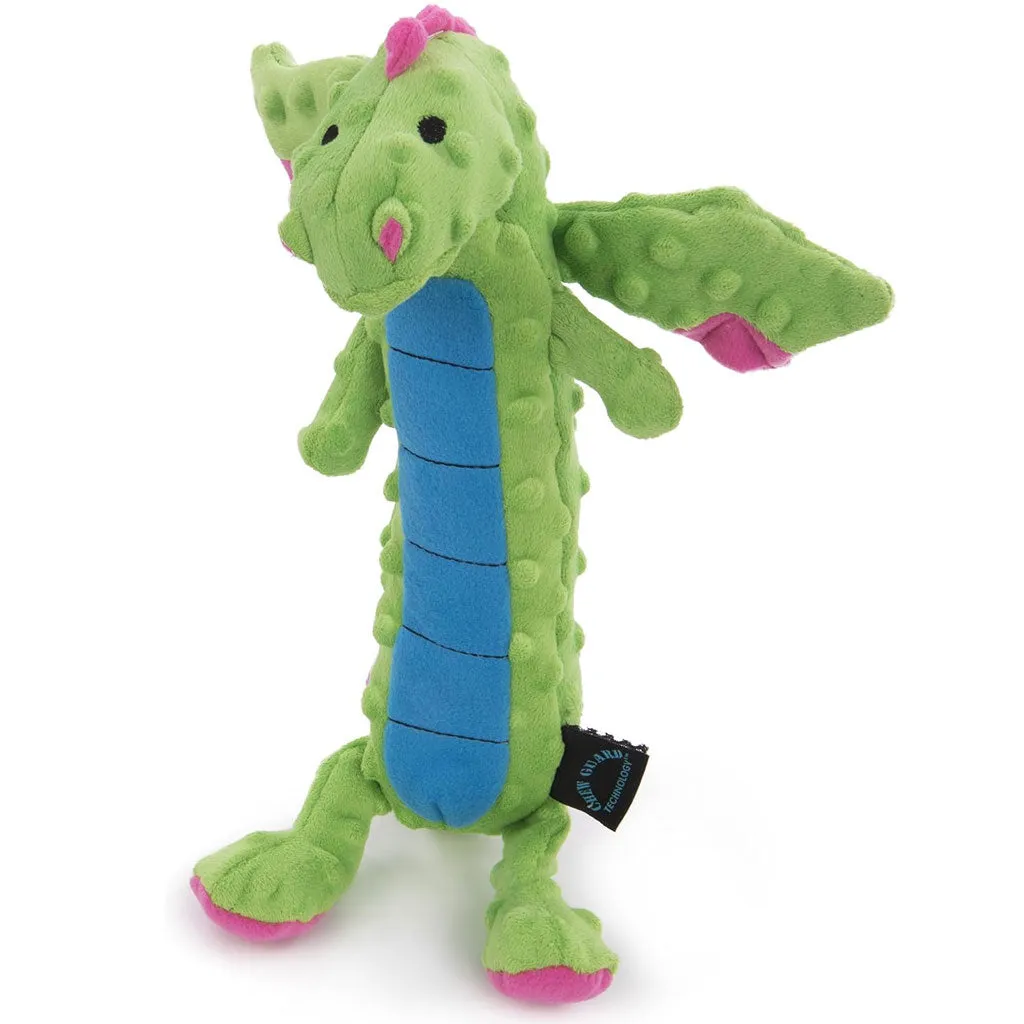 GoDog Dragons Skinny Chew Guard Squeaky Plush Dog Toy, Green, Large